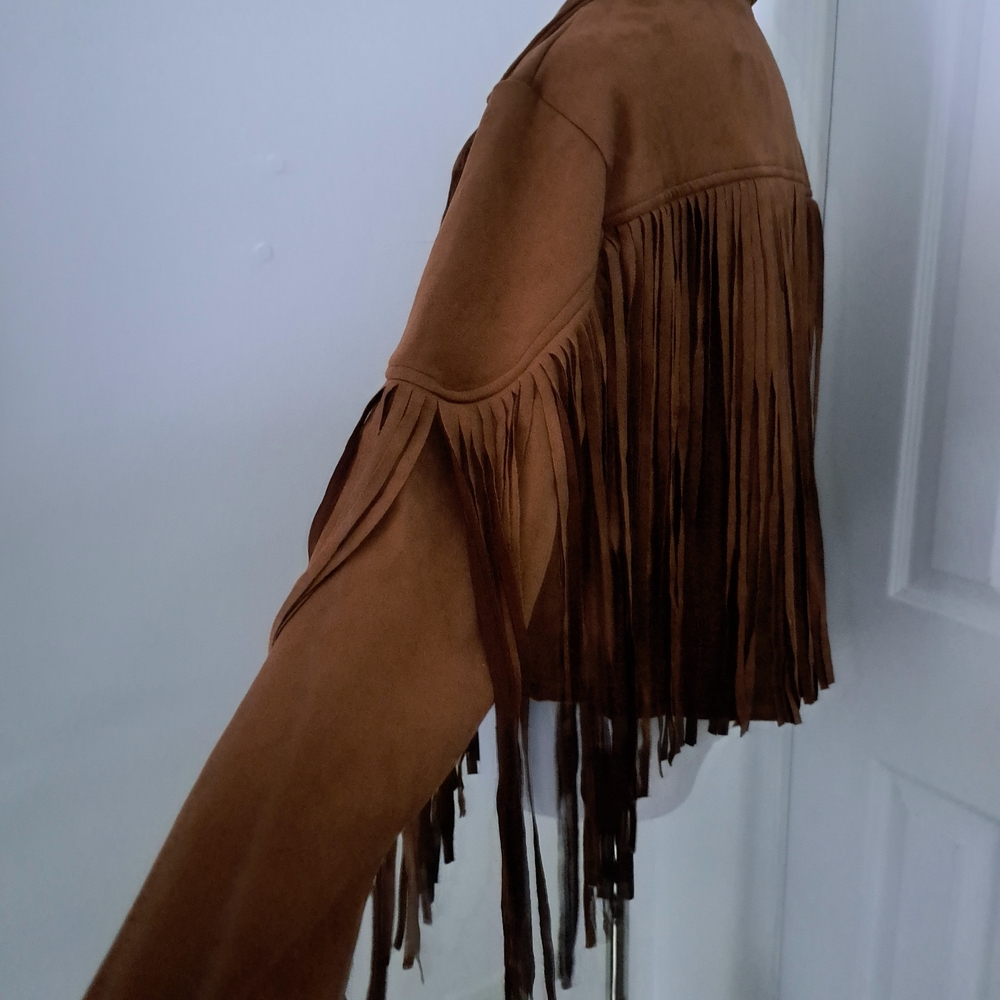 PrettyGarden Brown Faux Suede Fringe‎ Western Cropped Jacket New Large - Picture 5 of 8